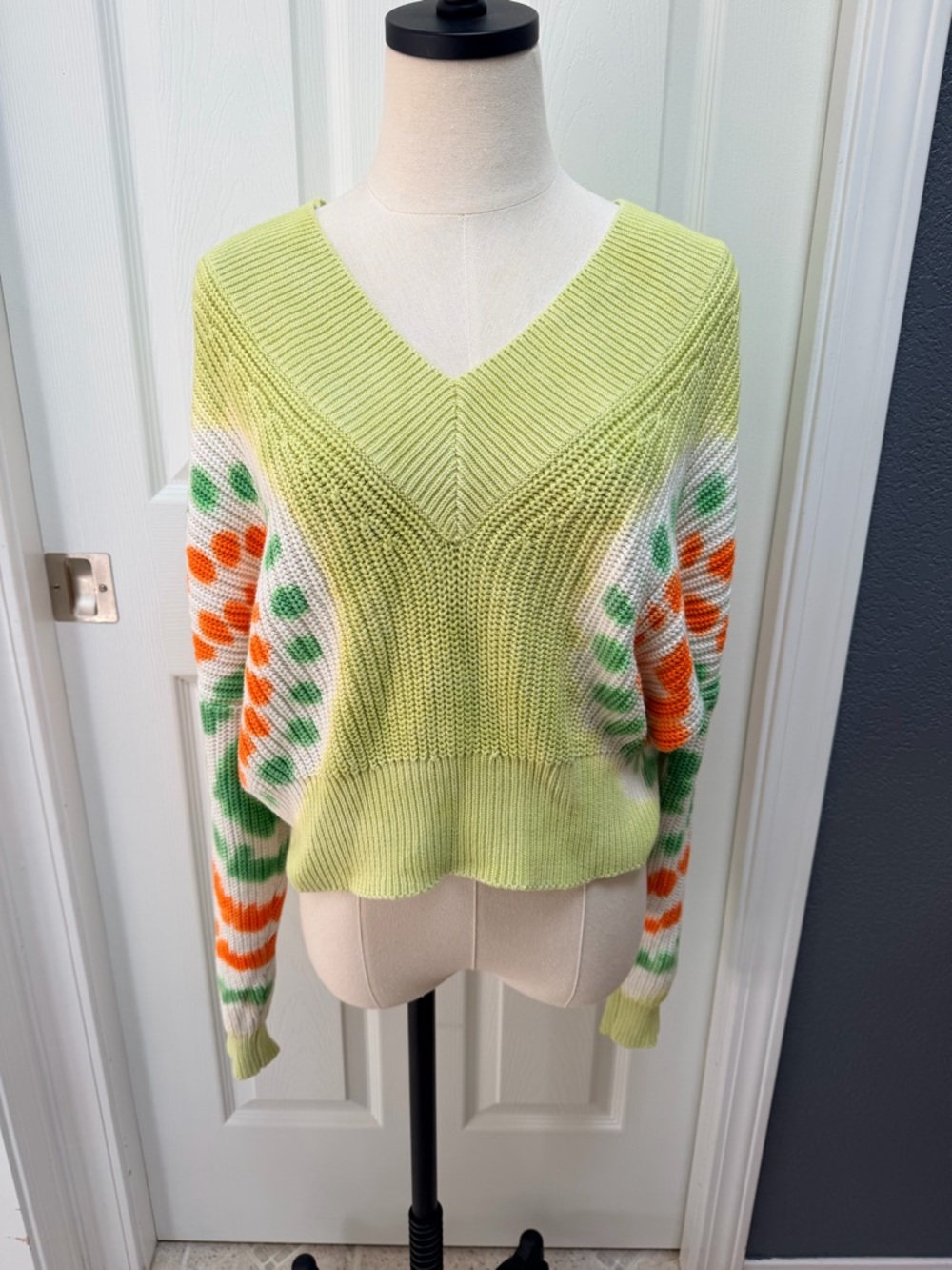 Electric & Rose Light Green V-Neck Sweater with Orange & Green Sleeve Pattern